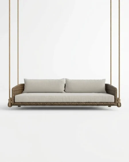 The Vellara Woven Hanging Sofa Bed featuring a minimalist ceiling-hung design and premium rattan weave.
