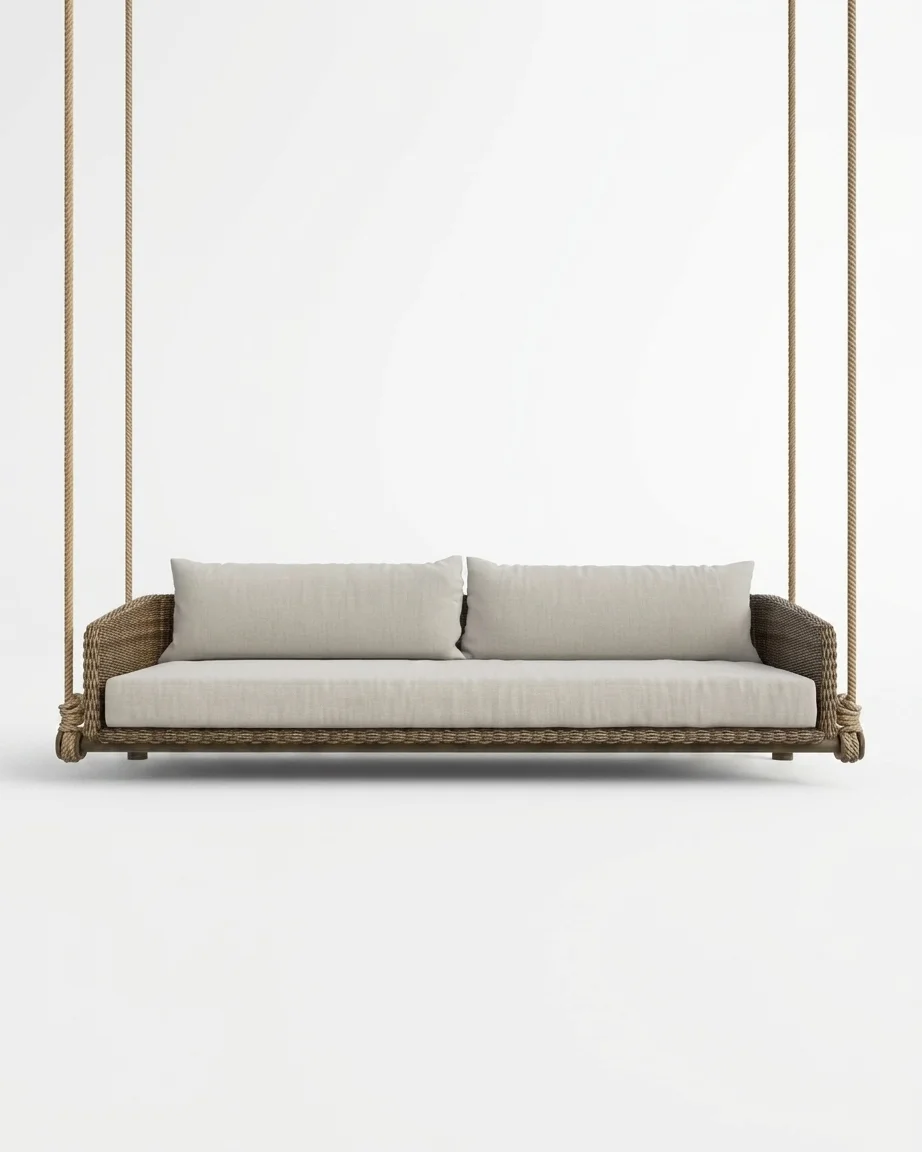 The Vellara Woven Hanging Sofa Bed featuring a minimalist ceiling-hung design and premium rattan weave.