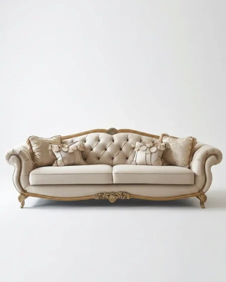 Luxury Versaille Royal Carved Sofa featuring a solid kiln-dried wood frame, intricate hand-carved floral motifs, cabriole legs, and button-tufted upholstery for grand living rooms.