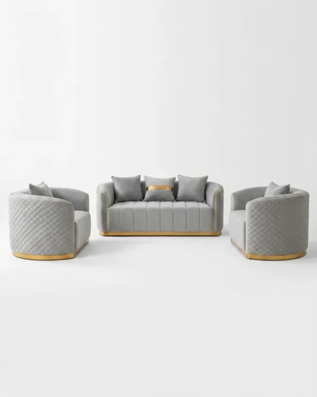 Luxury Vesara Diamond-Quilted Velvet Sofa Set featuring a solid kiln-dried wood frame, grey velvet upholstery, and an elegant gold base for living rooms.