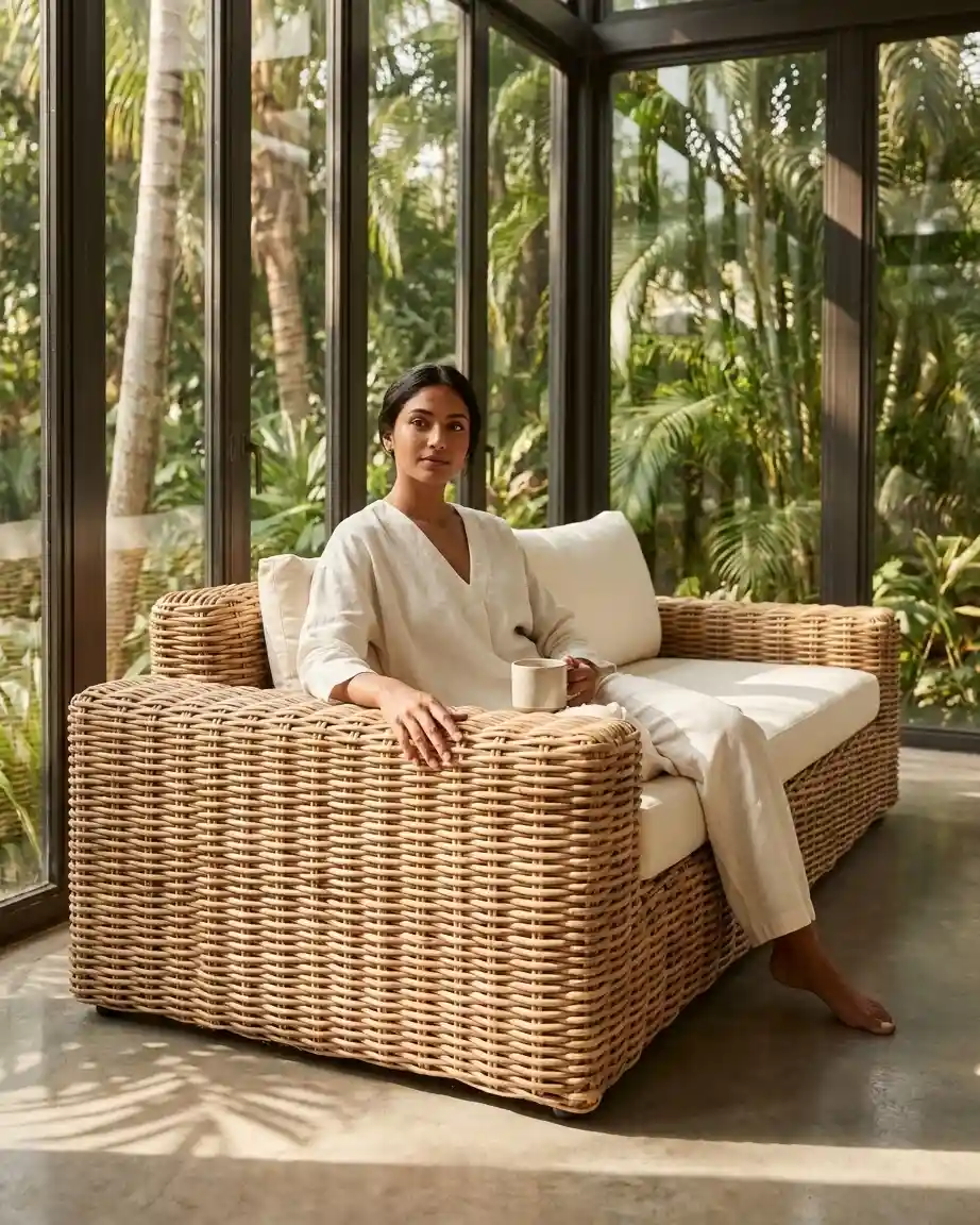 Close up of the high-quality weather resistant cream fabric and rattan detailing by a premium villa lounge seating manufacturer.