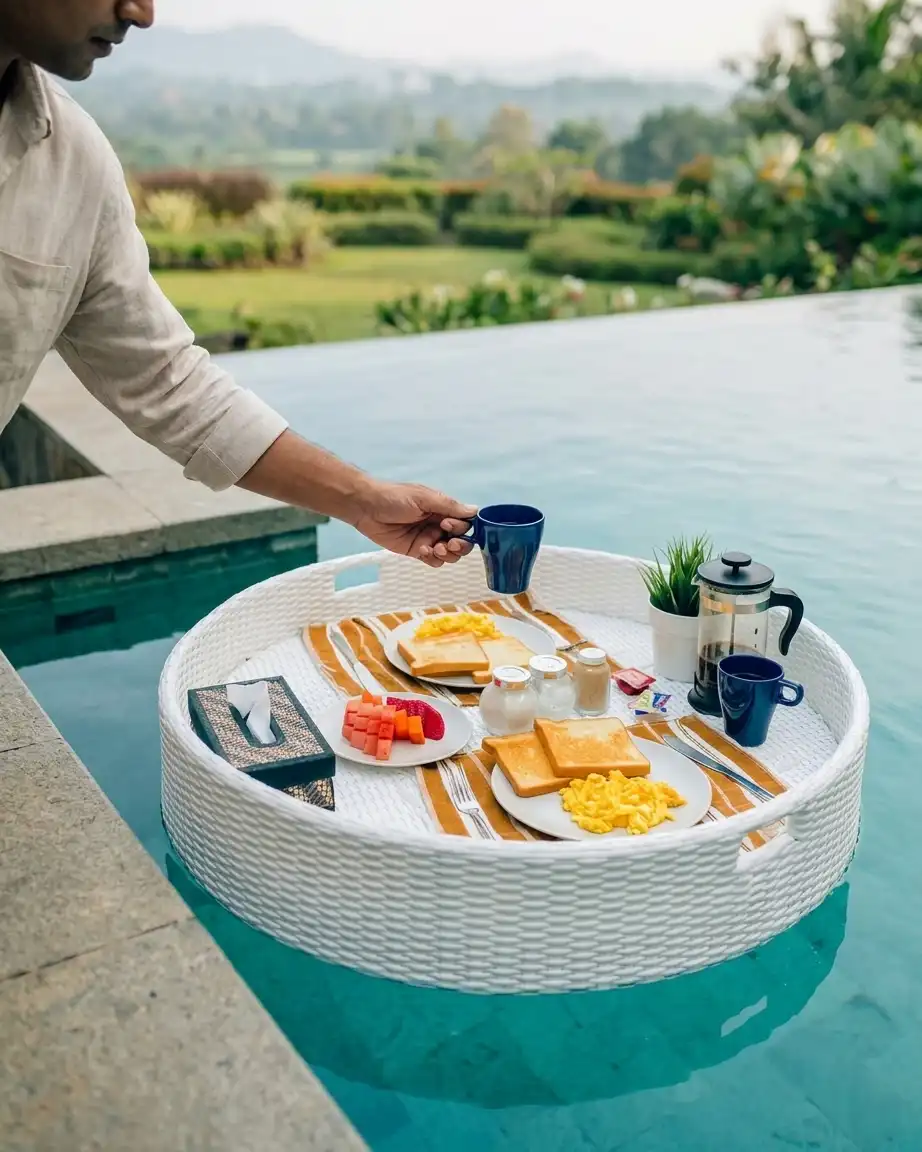 Close up of the waterproof rattan pool tray highlighting the tightly hand-woven, UV-resistant synthetic rattan.