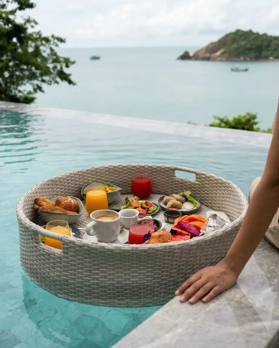 The Serenity basket displayed as a waterproof wicker basket for resort pools loaded with a full breakfast spread.