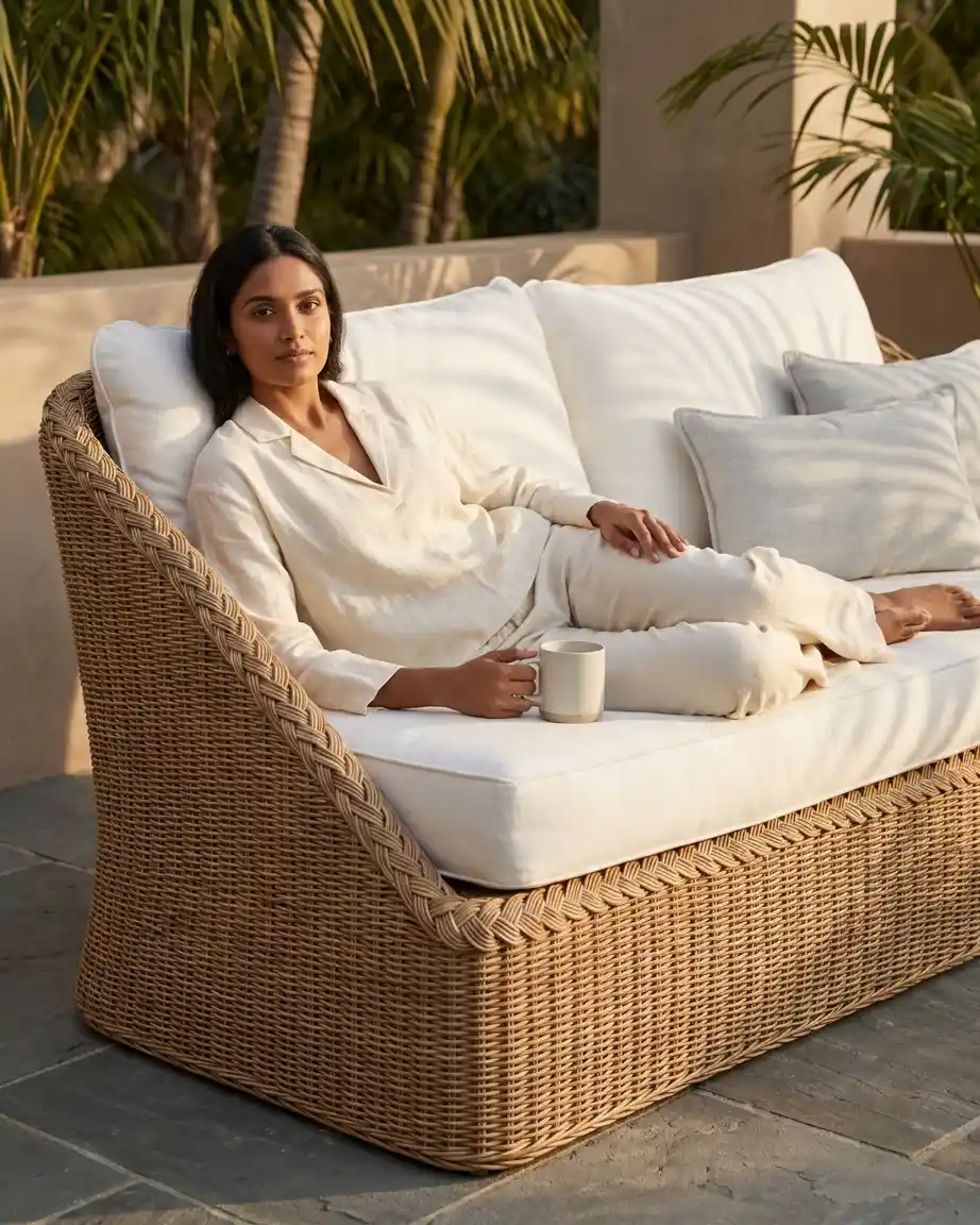 Close up of the high-quality weather resistant white fabric and rattan detailing featuring weatherproof sofa upholstery.