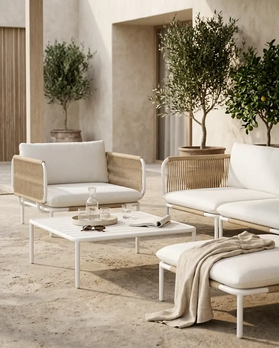 Side profile of the white outdoor sofa set highlighting the crisp white aluminium frame and high-density waterproof cushions.