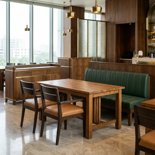 Custom solid teak restaurant chairs and tables manufactured for hotels sourcing wholesale dining furniture in Gurgaon.