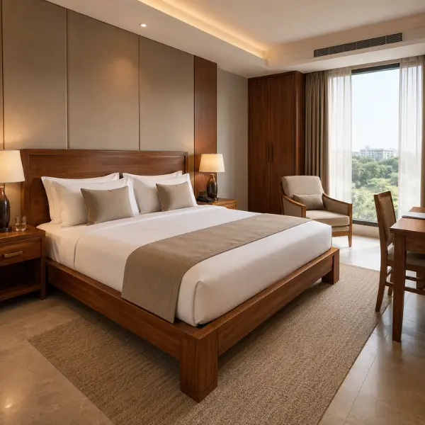 Kiln-dried solid wood hotel room sets manufactured for Jabalpur properties