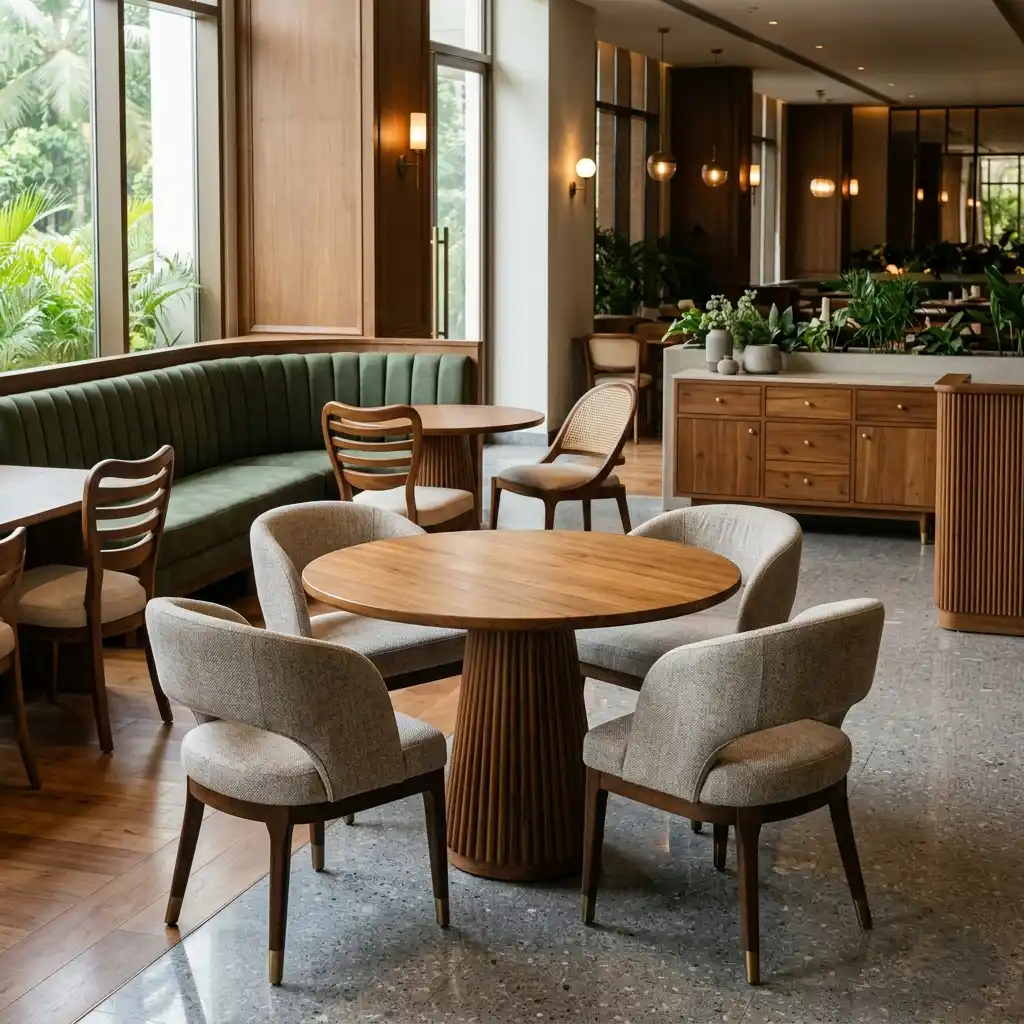 Solid wood dining chairs and tables supplied by a wholesale restaurant furniture manufacturer Kochi