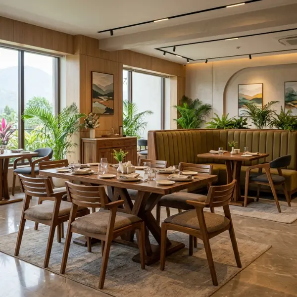 Solid wood dining chairs and tables supplied by a wholesale restaurant furniture manufacturer Siliguri