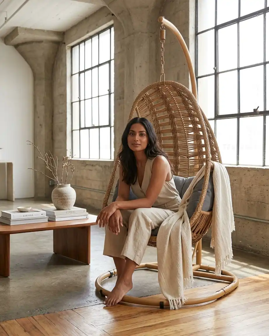 Side profile of the wicker hanging egg chair showcasing the high-density waterproof cushions and sturdy base.