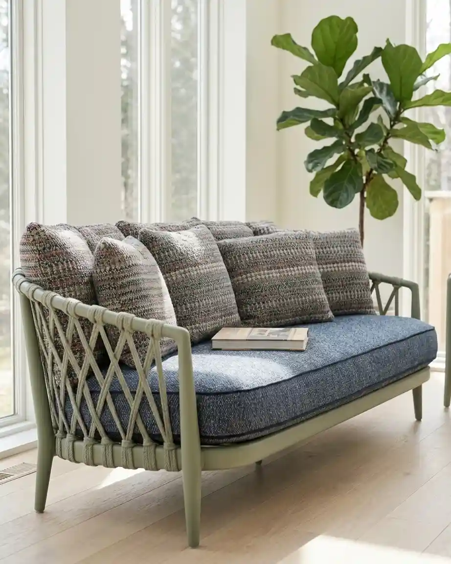 The Willow Lattice Rope Sofa featuring a sophisticated coastal cottage design with premium crisscross lattice rope weave and a solid wood frame.