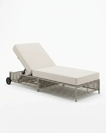 Luxury Windham rope sun lounger featuring a rust-proof aluminium frame, grid-pattern UV-stabilized synthetic rope weave, and transport wheels, manufactured for high-end resorts.
