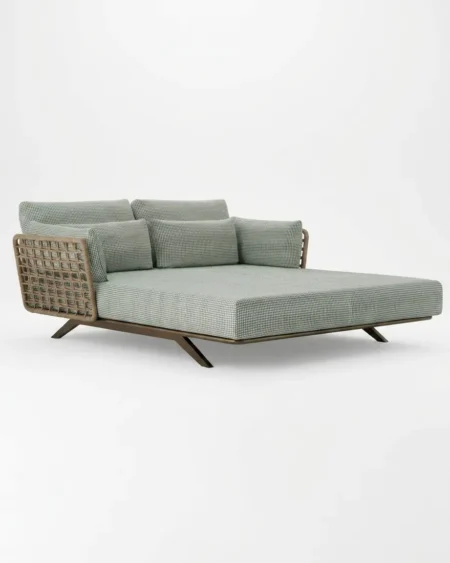 Luxury Windsor grid-weave outdoor daybed featuring a rust-proof aluminium frame and UV-stabilized synthetic rope, manufactured for high-end resorts.