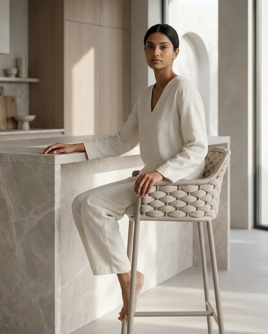 Bespoke high-end hospitality braided rope bar stool with beige tailored cushion and curved sloped armrests