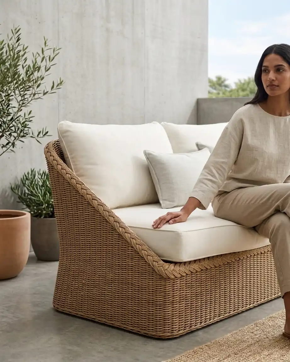 Side profile of the braided rattan sofa highlighting the intricate braided edge trim and high-density waterproof cushions.