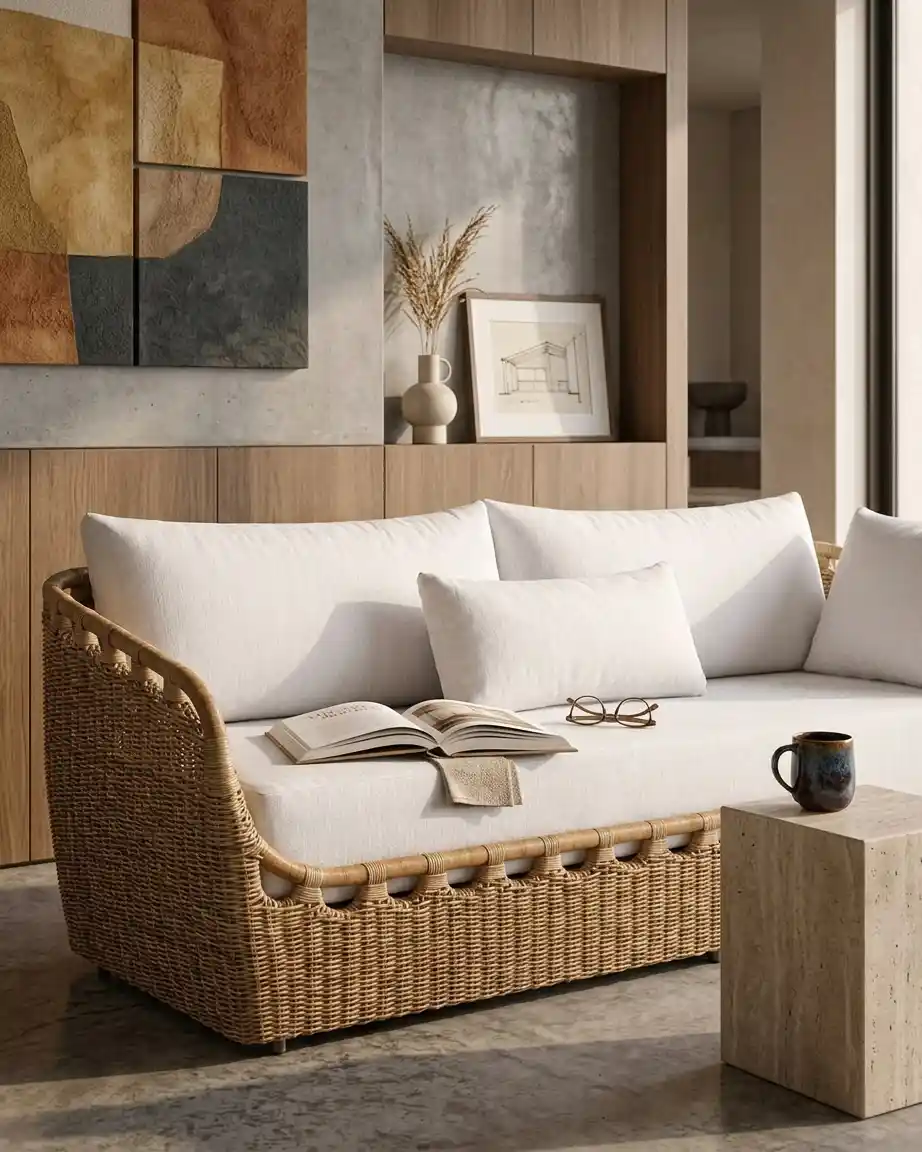 Side profile of the woven rattan sofa highlighting the intricate scalloped edge rattan pattern and high-density waterproof cushions.