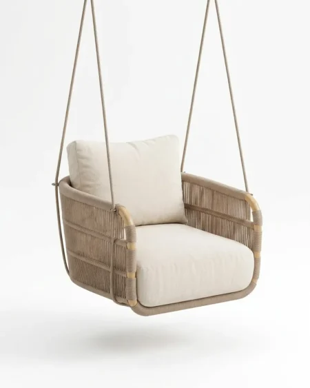 The Wovena Hanging Armchair featuring a minimalist ceiling-hung boxy design and premium beige rope weave.