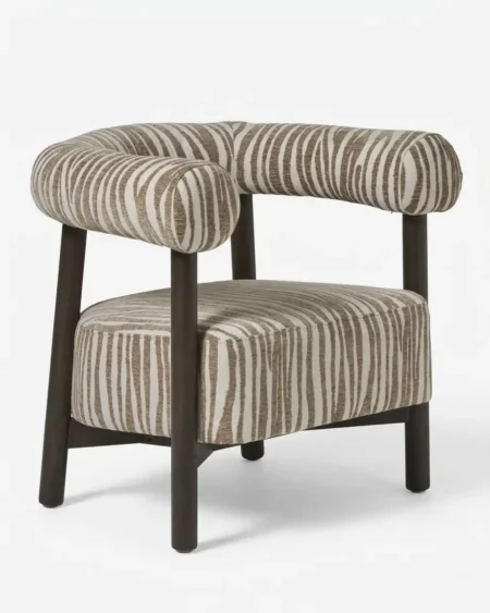 Luxury Zaveri Lounge Chair featuring a dramatic tubular bolster backrest, premium striped fabric, and a solid teak wood base.