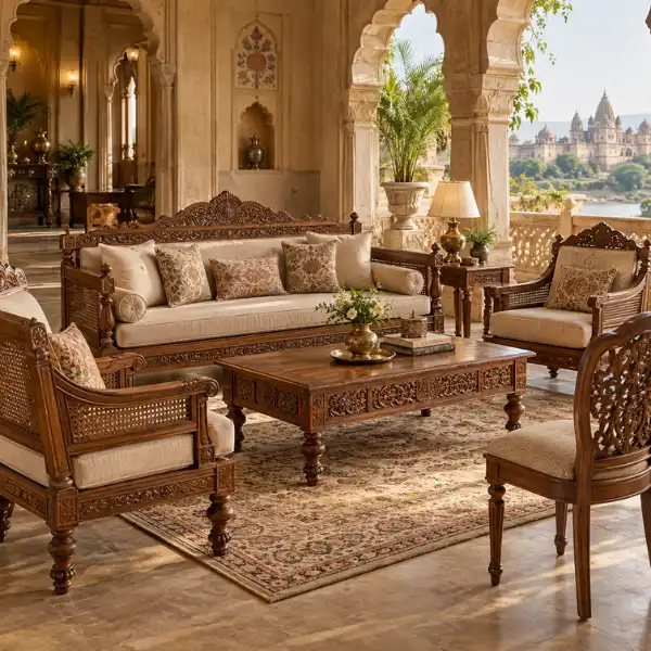 Custom heritage wood seating built by a premium Heritage Furniture Manufacturer Orchha.