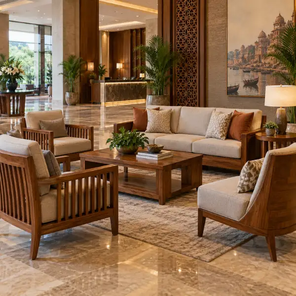 Solid teak wood hospitality seating from a premium Hotel Furniture Manufacturer Patna.