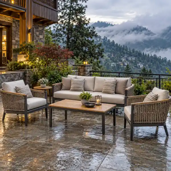 Solid wood and aluminium seating built by a premium Resort Furniture Manufacturer Kalimpong.