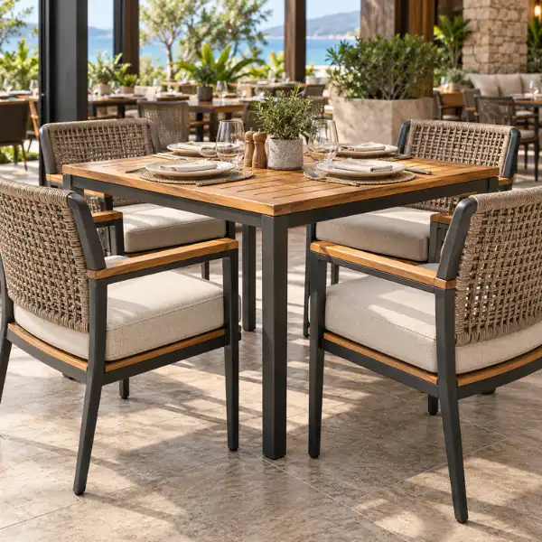 Teak wood and aluminium restaurant furniture suppliers in Delhi