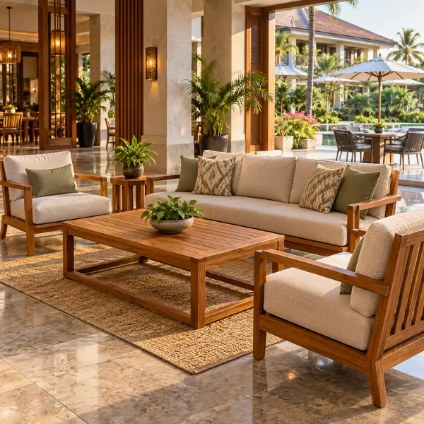 Kiln-dried solid teak wood hotel furniture by a premium Hotel Furniture Manufacturer Erode.