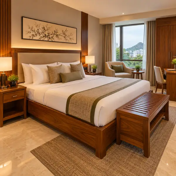 Kiln-dried solid teak wood hotel furniture by a premium Hotel Furniture Manufacturer Vellore.