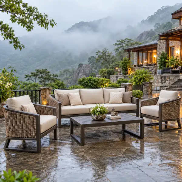 Weather-proof outdoor furniture by a trusted Resort Furniture Manufacturer Mount Abu.