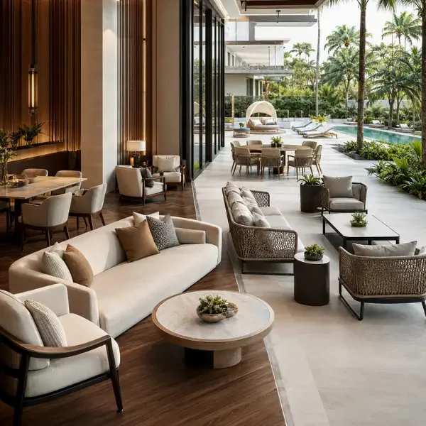 A beautifully designed commercial lobby featuring architectural custom millwork and bespoke lounge seating.