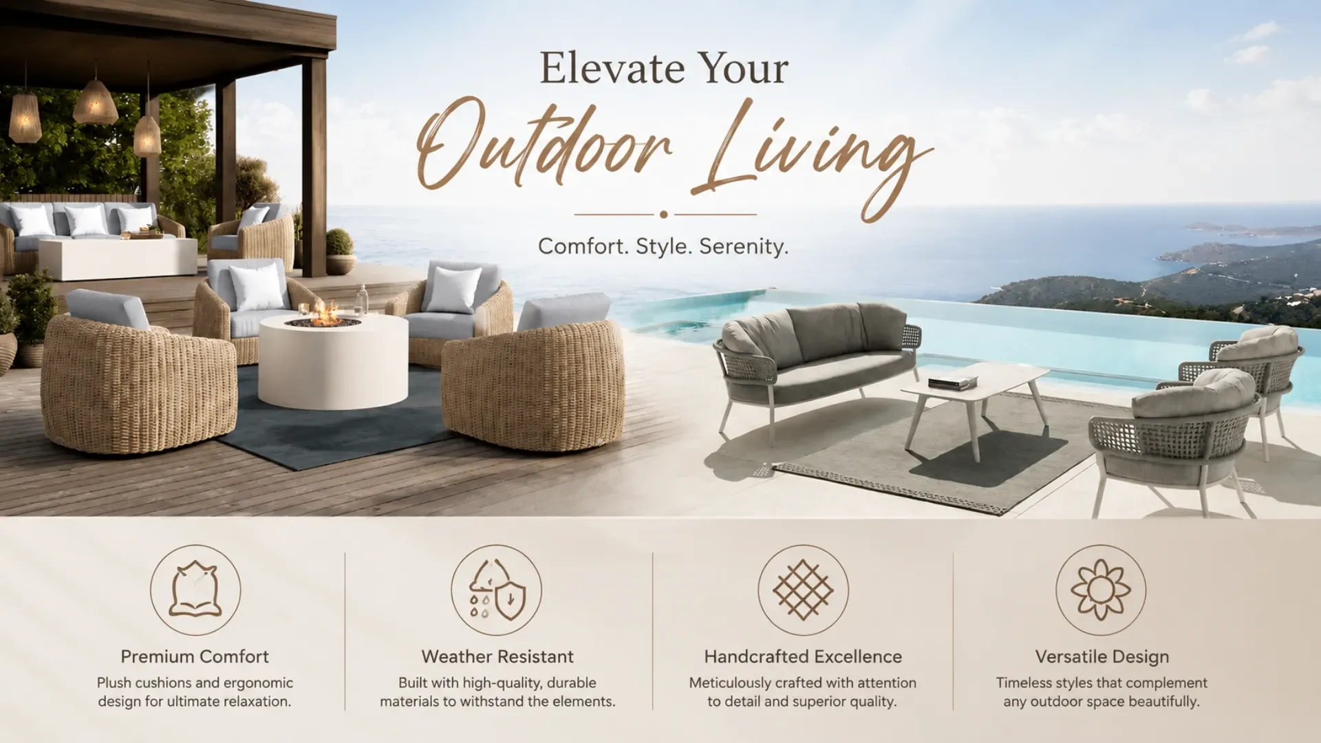 Luxury outdoor furniture comparison featuring teak, aluminium, and PE rattan furniture for Delhi heat and Indian weather conditions
