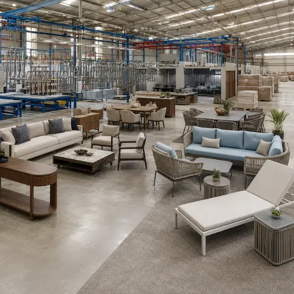 Craftnika's direct-from-factory custom B2B furniture production line in Delhi, India.