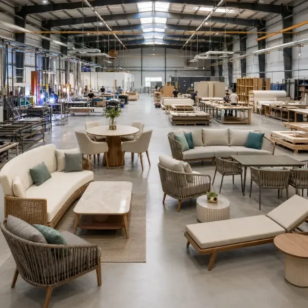 Craftnika's custom resort furniture manufacturing factory in India, showing workers assembling commercial-grade outdoor sofas and loungers.