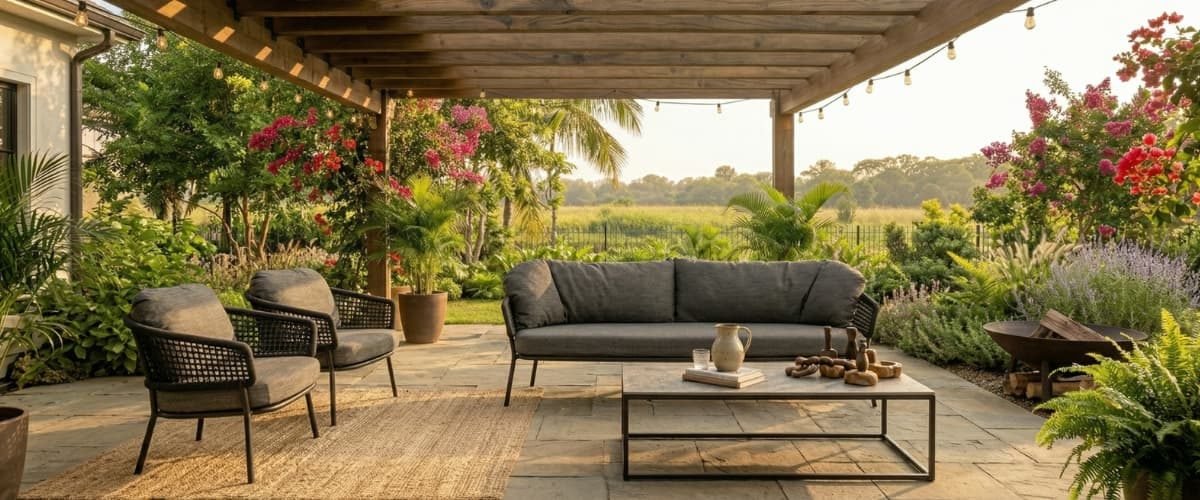 Outdoor farmhouse furniture with garden seating and patio setup