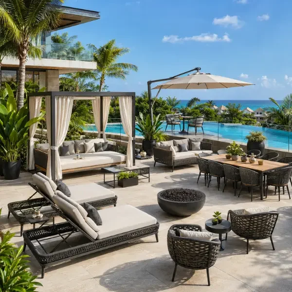Luxury resort outdoor furniture featuring daybeds, a dining set, and custom poolside cabanas on a sunny terrace.