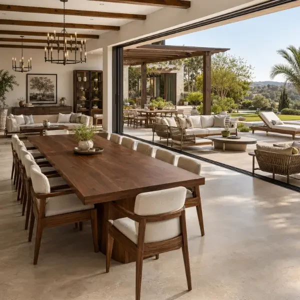 Oversized contract-grade farmhouse dining tables and premium seating manufactured for a luxury villa project in India.