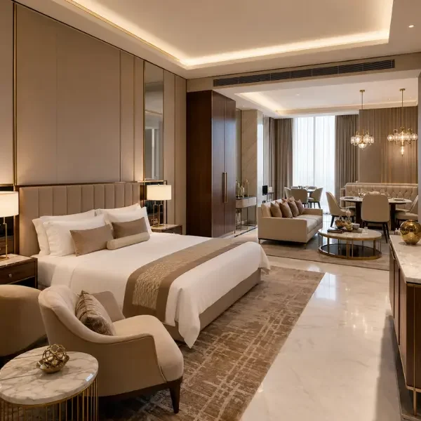 A beautifully designed modern hotel lobby featuring custom lounge chairs and coffee tables.