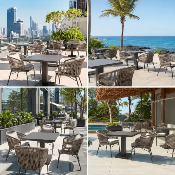 Premium rattan lounge chairs and seating for luxury cafe and resort interiors.